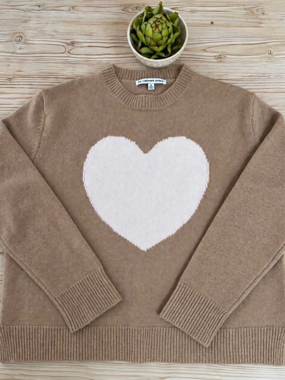 The Cashmere Project Tan Pink Heart Crewneck Sweater Size M